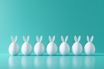 Row of white easter eggs with bunny ears on blue background