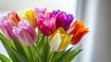 Naklejka premium Radiant tulip symphony, A vibrant floral arrangement blooming with color