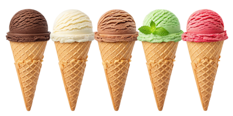 Assorted Ice Cream Scoops in Waffle Cones Isolated on Transparent Background – Summer Dessert Collection

Variety of Colorful Ice Cream Scoops on Waffle Cones – Transparent PNG Food Illustration for D