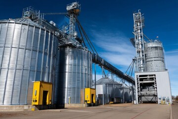 Obraz premium Construction ongoing at the quarry for landfill development, utilizing polyethylene film for soil protection alongside a modern grain elevator facility Generative AI