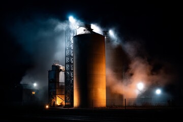 Grain silo facility illuminated at night with steam and fog, showcasing ongoing development of landfill site with protective polyethylene film over soil Generative AI