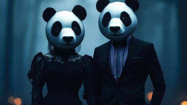 A mysterious couple wears panda masks, standing in a foggy forest illuminated by candlelight. Their elegant attire enhances the surreal atmosphere of this enchanting scene.