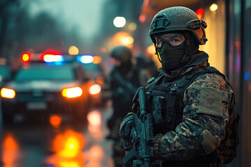 Special police unit prepares for tactical operation at crime scene with flashing lights