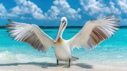Majestic pelican with outstretched wings on a tropical beach
