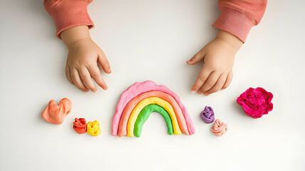 Child's Hands Creating A Vibrant Rainbow With Colorful Play Dough On A Clean White Tabletop In A Playful Artistic Top View