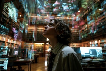 A student stands in a library gazing upwards as digital projections illuminate the walls, showcasing information among shelves filled with books Generative AI