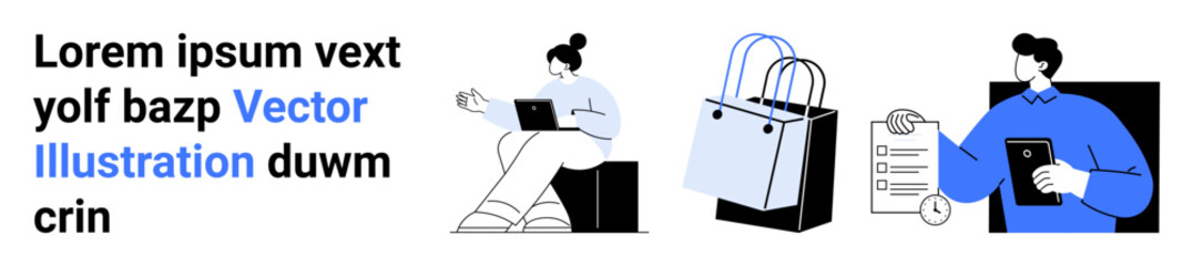 Woman using laptop, shopping bags, checklist, and man holding tablet highlight e-commerce, digital shopping, product delivery, order management, customer service. Ideal for retail marketing apps