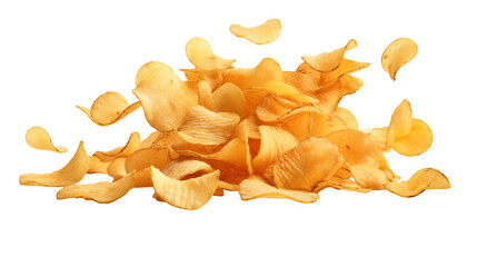 A pile of light brown potato chips on a transparent background