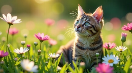 Obraz premium A playful kitten amidst a vibrant meadow of wildflowers, bathed in the warm glow of the setting sun, a symbol of springtime joy and the beauty of nature