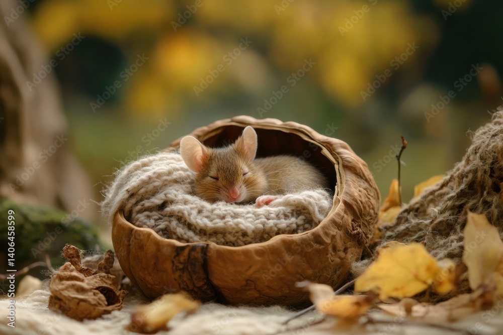 Poster cozy mouse sleeps peacefully in walnut shell bed surrounded by autumn leaves in a whimsical fairy ta