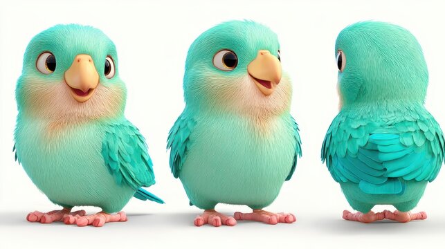 Three teal cartoon parakeets displayed in different angles.