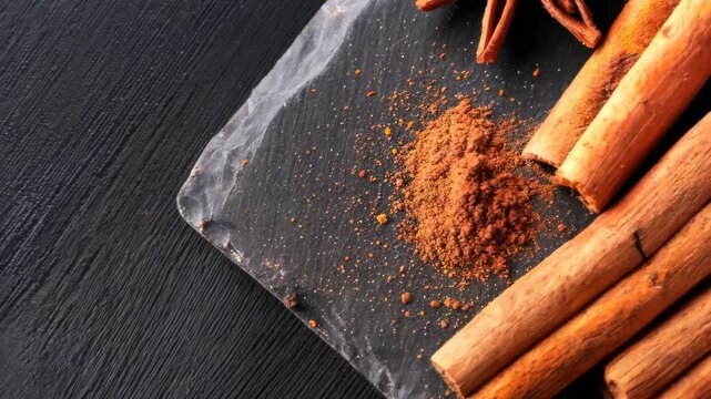 Discover a stunning arrangement of cinnamon sticks and star anise on a dark slate surface, perfect for culinary inspiration and creative presentations in cooking.