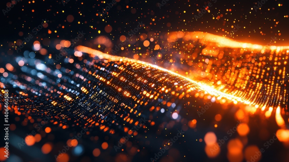 Poster a vibrant display of glowing data streams, showcasing a cascade of binary numbers and luminous parti