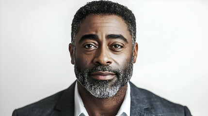 Portrait Of A Confident Mature Businessman With Salt And Pepper Beard In A Grey Suit Against A White Background