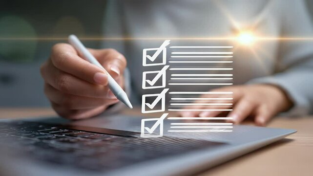 Person using pen to fill checklist on a laptop screen, signifying task completion with checked boxes