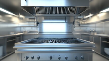 Stainless steel commercial kitchen equipment.  Modern, professional kitchen with a range, grill, and ventilation hood.  High-quality, polished stainless steel surfaces and equipment