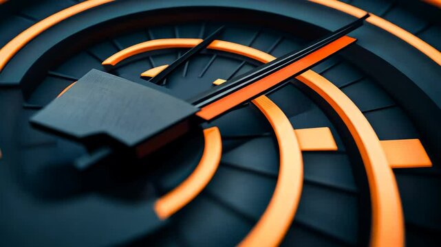 This abstract image showcases a clock face in a spiral design with vibrant orange accents, emphasizing motion and precision in a striking visual composition.