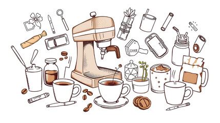 An artistic hand-drawn illustration featuring various coffee elements and accessories