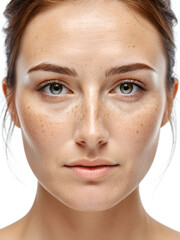 Close up caucasian woman's face with freckles or age spots photo. Age spots on the face close up photo . isolated on white background