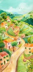 Obraz premium Whimsical Watercolor Italian Village in Rolling Hills with Terraced Vineyards