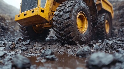 A large yellow machine with muddy wheels drives over rocks and puddles in a mining area