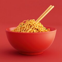 3d style noodle on red bowl with chopsticks