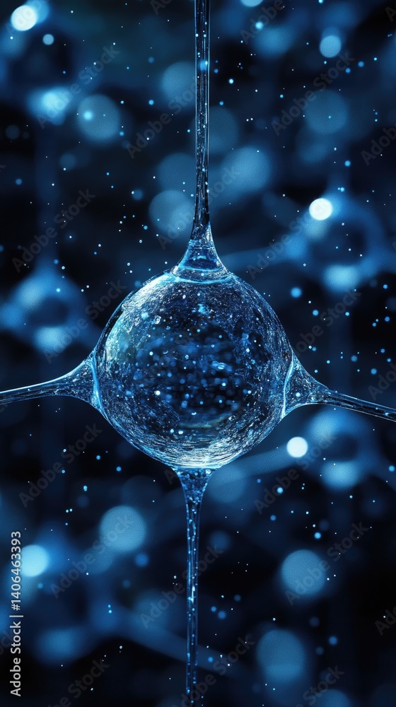 Sticker spherical blue structure with threads. deep blue background filled with blurred spheres and glowing 