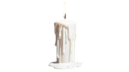 A white candle burning with wax dripping down on transparent background