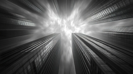 Modern skyscrapers stretch into cloudy sky, creating dramatic urban canyon