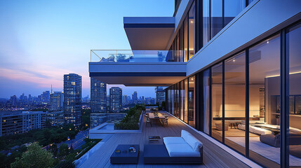 Fototapeta premium Modern urban condo with expansive balcony views at dusk