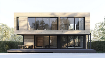 Fototapeta premium Modern cube house with wooden textures and large windows