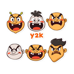 Vector cartoon faces, abstract design mascots - y2k stickers and badges, happy, angry expressions, sticker and icons with different face expressions