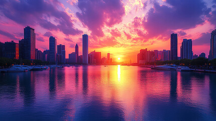 Obraz premium Vibrant city skyline with sunset sky and harbor reflection