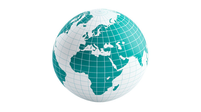 A globe with continents and lines on a transparent background