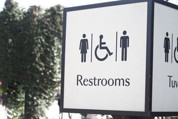 Sign directing visitors to restrooms in a public location