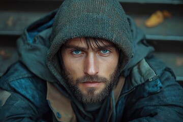 Intense gaze of a man in hoodie. Eyes piercing through the lens in soft, natural lighting