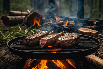 Outdoor grilling: juicy steaks and skillet on campfire