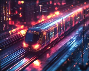 efficient public transport solutions, Futuristic Train in Neon Cityscape with Glowing Tracks and Lights