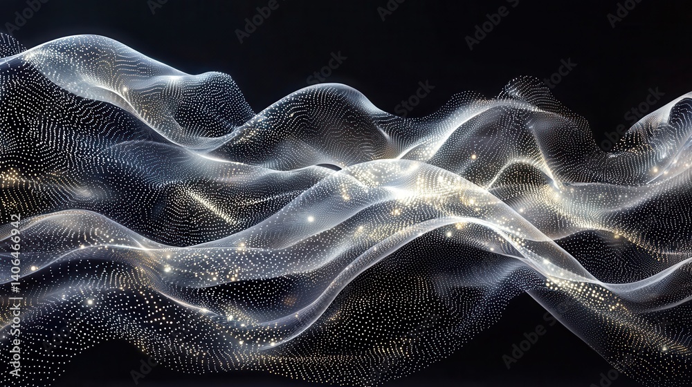 Poster a mesmerizing abstract design featuring flowing, translucent waves with glowing points, creating a s