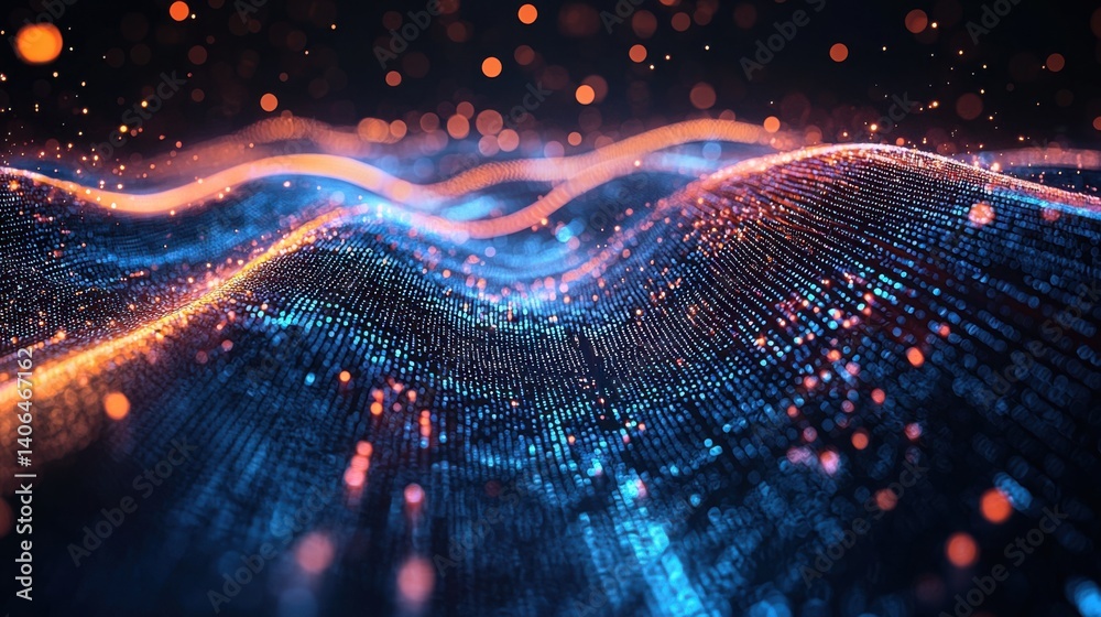 Poster a vibrant digital landscape featuring waves of light and data points, creating a dynamic and colorfu
