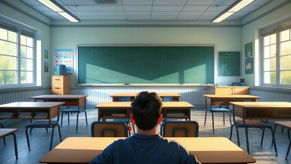A student sitting alone in a classroom, facing a chalkboard, with desks arranged and sunlight streaming through the windows, creating a quiet learning environment