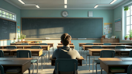 A student sitting alone in a classroom, facing a chalkboard, with desks arranged and sunlight streaming through the windows, creating a quiet learning environment