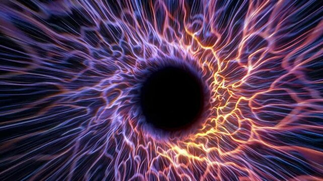 4K Black Hole Event Horizon | Cosmic Eye Energy Visualization, 4K visualization of a black hole's event horizon, featuring stunning electric-like tendrils of energy in contrasting blue and orange colo