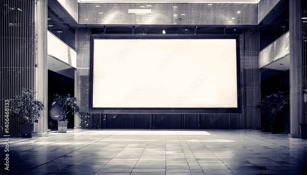 Poster empty modern space with a large projection screen and plants