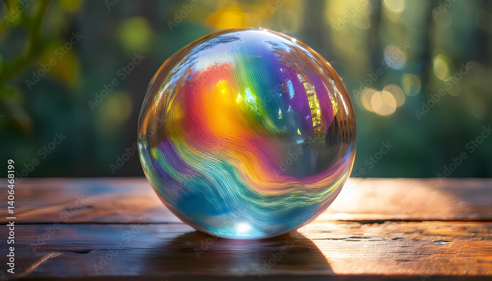 Poster a reflective globe capturing colorful light effects