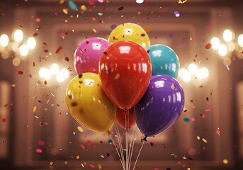 Glowing party balloons with falling confetti in dimly lit room – holiday celebration scene with soft reflections and depth of field
