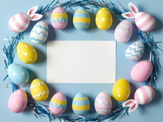 Easter party. Top view photo of easter bunny ears white pink blue, yellow eggs and confetti 5