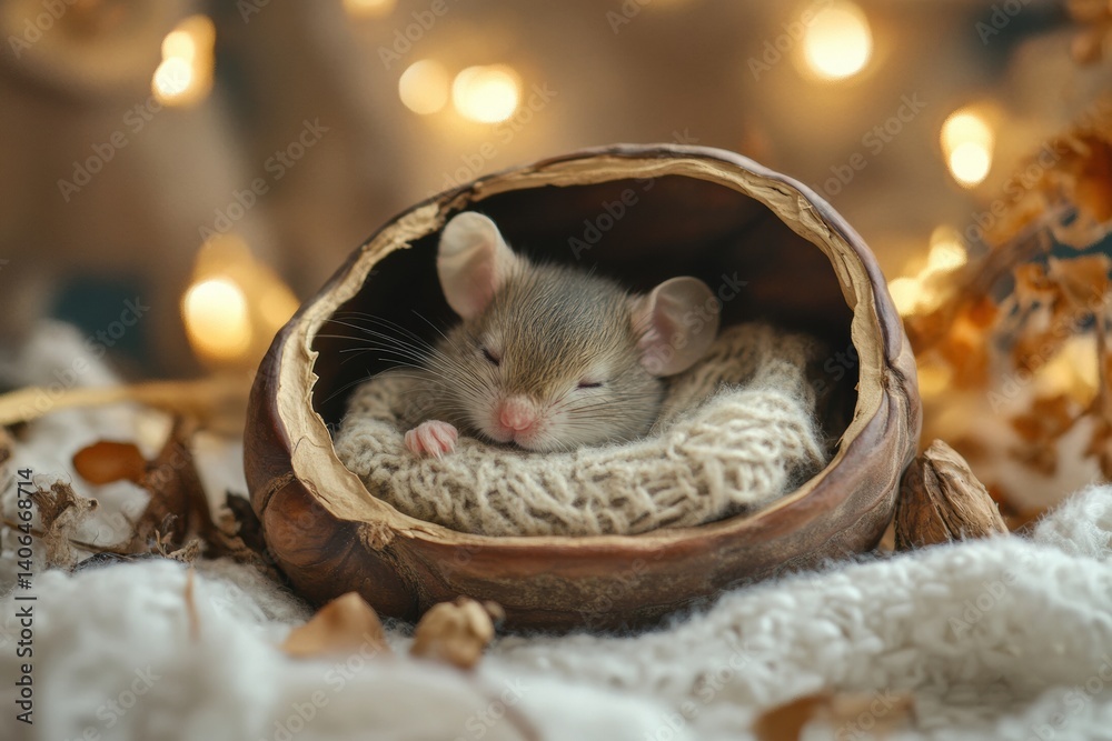 Poster Tiny mouse snuggles in walnut shell bed with cozy blanket in whimsical fairy tale setting