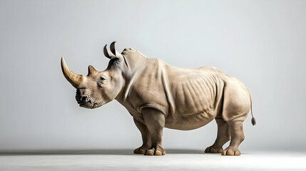 Studio Portrait of a Majestic White Rhinoceros Against a Simple Grey Backdrop in Serene Lighting