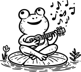 Frog Playing Ukulele. Coloring Book Page. Cartoon Illustration.